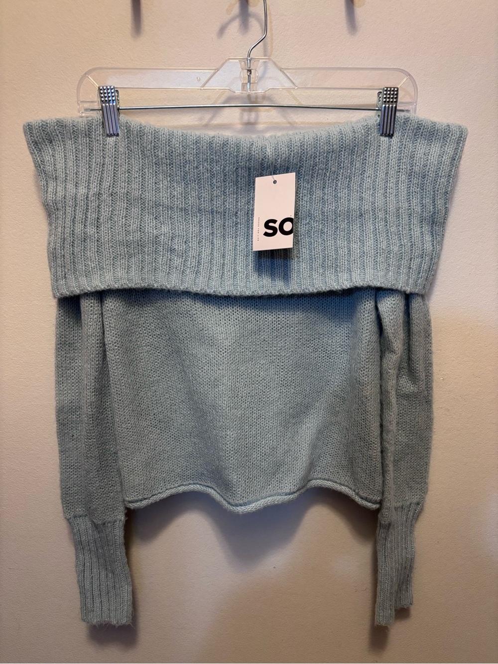 SO Off-Shoulder Light Blue Ribbed Foldover Sweater